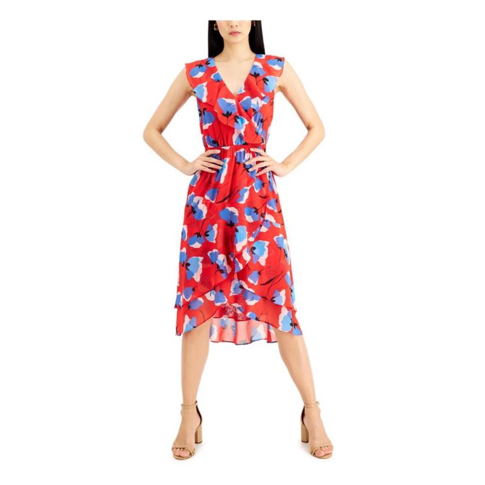 INC DRESS Womens Red Chiffon Sleeveless V Neck Midi Cocktail Hi-Lo Dress 8